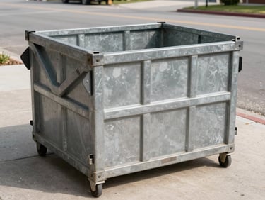 Close-up documentary shot, natural daylight, a small steel dumpster container ready for pickup on a residential site, clean pavement, compact footprint visible, no people