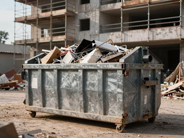 Environmental wide shot, mid-morning daylight, a medium-sized steel dumpster loaded with mixed construction waste at a mid-size building site in Argentina, scaffolding visible in background, no people