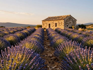 Golden lavender fields of Provence under warm afternoon sun, rustic stone house in the background