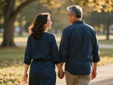 A mature couple walking side-by-side in a sunlit park, laughing softly, shot from behind, warm golden-hour lighting, 35mm