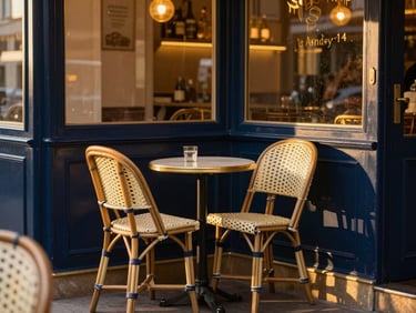 A quiet Parisian cafe corner at sunset, empty chairs, warm golden light filtering through windows, cozy and intimate atmosphere
