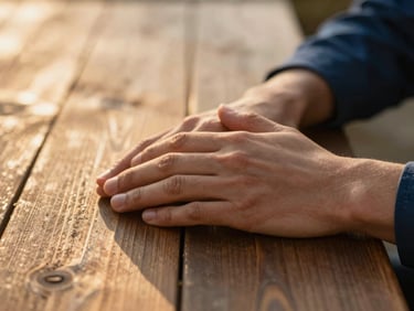 A close-up of two hands gently resting near each other on a rustic wooden table, soft warm golden hour light, shallow depth of field
