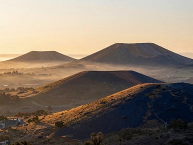 Scenic view of the volcanic hills of Auvergne at sunrise, soft golden-hour light mist, tranquil nature