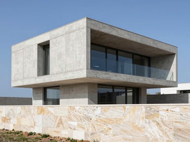 Architectural elevation of a modern concrete villa mid-build, sharp geometric lines, bright daylight, Split coast