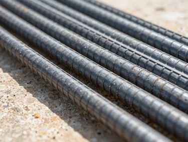 Extreme macro detail of ribbed steel reinforcement bars, rust-free, under bright natural Mediterranean daylight, sharp focus, architectural photography