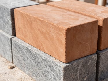 Close-up of premium terracotta clay building blocks stacked neatly on a construction site, limestone dust, bright sun, clean structural lines