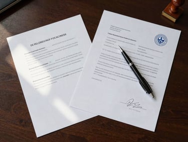 Overhead flat-lay of official documents spread across a dark mahogany desk, a pen resting diagonally across a signature line, a visible corporate seal stamp to the upper right corner, diffused north-facing daylight from the left casting clean shadows on the paper surface