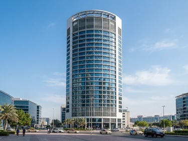 Crisp architectural photography of Shatha Towers in Dubai, bright natural desert daylight, high-contrast structural details, sharp focus, 35mm