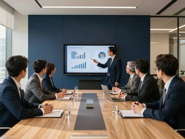 Wide-angle corporate boardroom meeting, professional executives analyzing charts on a screen, natural daylight, deep navy and warm gold undertones.