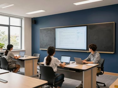 A high-tech digital classroom with interactive smartboards and students collaborating around modular desks, daylight flooding the space.