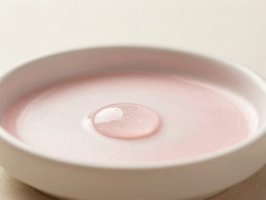 Macro shot of organic facial oil droplets on a smooth ceramic dish, soft natural light, cream background