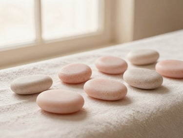 Smooth massage stones arranged on a soft linen towel, warm golden-hour window light, minimalist aesthetic