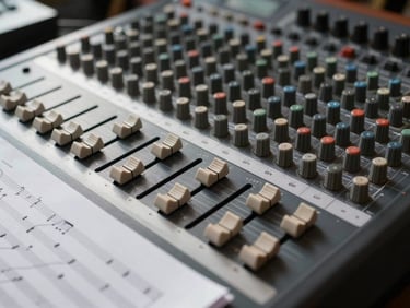 Side-lit close-up of a professional mixing desk with faders mid-position, cool north-facing daylight entering from the left, sheet music pages visible at the bottom edge, no person present, technical workspace documentary framing