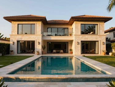 Symmetrical wide-angle shot of a modern luxury villa exterior with private pool, golden hour lighting, sharp focus