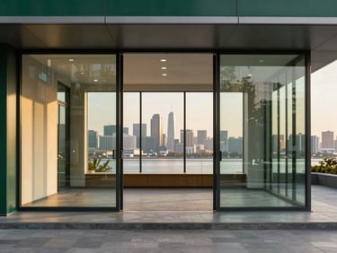 Modern minimalist commercial office space with glass partitions overlooking the West Bay skyline, sharp focus