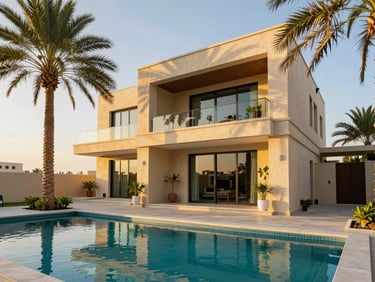 Modern luxury villa exterior in West Bay Doha, private pool in foreground, lush green palms, golden hour lighting
