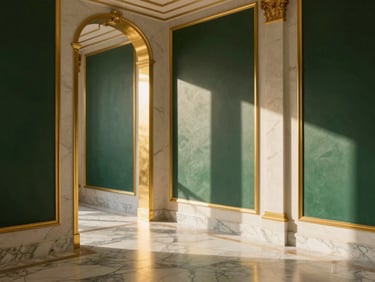 Sun-drenched luxury apartment interior with marble floors and gold fixtures, warm natural light, medium format