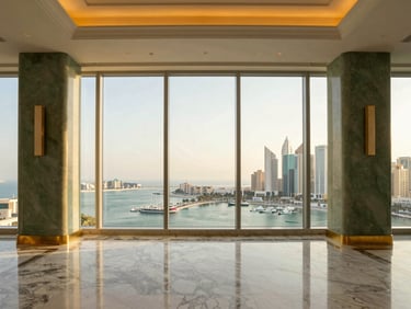 Symmetrical wide-angle of a sun-drenched luxury penthouse interior at The Pearl-Qatar, marble floors, gold fixtures, floor-to-ceiling windows showing the marina, sharp focus, medium format