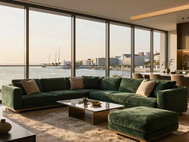 Luxury penthouse living room overlooking the marina at The Pearl, modern minimalist furniture, warm golden-hour light