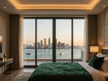 Symmetrical shot of a high-end apartment bedroom in Lusail, warm ambient lighting, large window overlooking the waterfront
