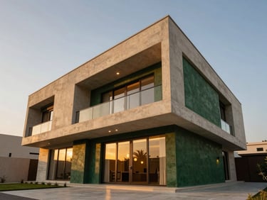 Dramatic low-angle exterior shot of a modern architectural villa in Lusail, clean concrete lines, warm ambient lighting at dusk, sharp focus, medium format