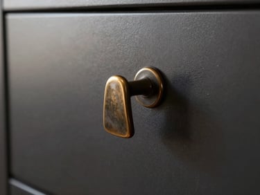 Tight close-up, diffuse window light, a bronze drawer pull set flush into a matte dark cabinet face — the hardware casting a fine shadow line, grain of the veneer surface visible around it, nothing else in frame