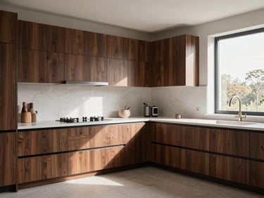 Wide environmental shot of a bespoke contemporary kitchen interior, viewed from the corner of the room — dark walnut cabinetry meeting a white stone worktop under north-facing natural daylight, no people, architectural framing that reveals how the cabinetry resolves the room's geometry