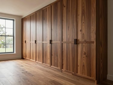 Wide environmental shot of a bespoke floor-to-ceiling walnut cabinetry wall in a residential hallway, natural daylight from a side window illuminating the wood grain and precision joinery edge detail, shot from a low elevation angle, empty room no people