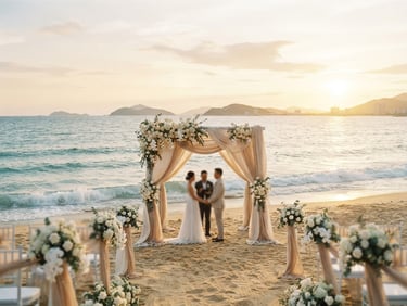 Wide environmental shot of a luxury wedding altar on a Nha Trang beach at golden hour, soft champagne drapes, delicate white floral arrangements, gentle ocean waves, 35mm