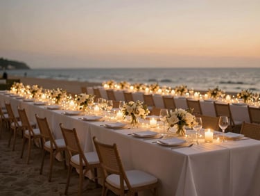 Bespoke outdoor wedding reception lighting with warm fairy lights over long tables, twilight beach setting