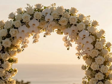 Extreme close-up of a luxury floral arch with orchids and white roses, soft golden hour light, warm beige background