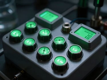 Precise water testing equipment with glowing green indicators, intricate sensors, dark laboratory setting, macro shot, 35mm lens