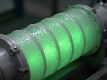Close-up of a glowing RO membrane housing with neon green light leaks, dark industrial background, macro technical details, 35mm lens