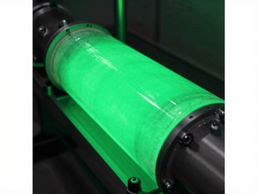 Close-up of a glowing green RO membrane housing, sharp neon accents, industrial tech, 35mm lens