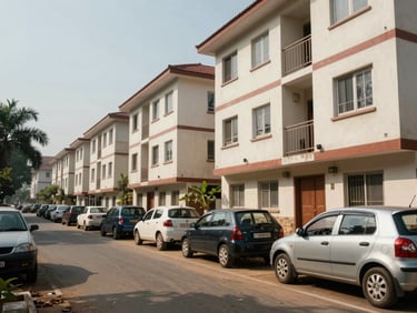 Human eye-level exterior of a compact apartment complex in Medavakkam, Chennai, flat daylight, finished plaster facade, residents' cars parked along a quiet lane