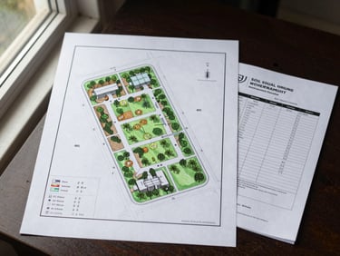 Overhead flat-lay of a land plot site plan document on a table alongside a printed soil test report, natural window light from the left, no shadows
