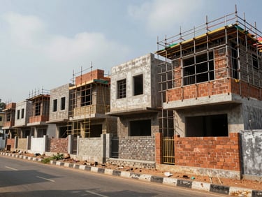 Street-level view of a row of independent villas under construction in Sholinganallur, Chennai, overcast noon light, scaffolding and brickwork visible, wide road in foreground