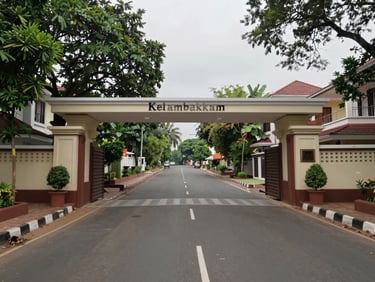 Wide-angle street view of a gated villa community entrance in Kelambakkam, Chennai, overcast daylight, low boundary wall and mature trees visible, road leading inward