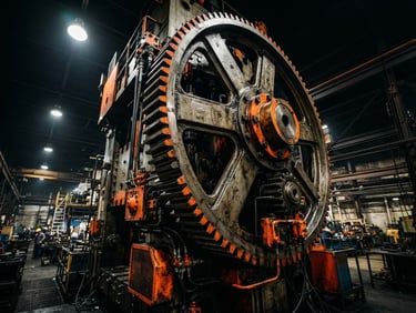 Low-angle heroic shot of a massive steel hydraulic press gear, high-contrast industrial lighting, safety orange accents, sharp focus