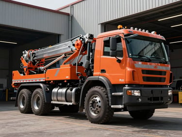 Low-angle heroic shot of a heavy-duty rigging truck with safety orange accents parked outside a Fullerton industrial facility, sharp focus, 35mm lens