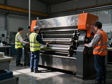 Interior of a high-precision pressroom with engineers in high-vis gear calibrating a massive steel printing press, dramatic workshop shadows