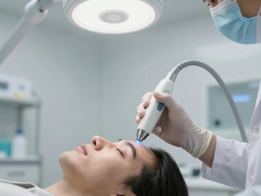 Pulsed radiofrequency device handpiece near a patient's face in a clean clinical setting, physician's gloved hand holding the probe, modern white room, cool overhead light