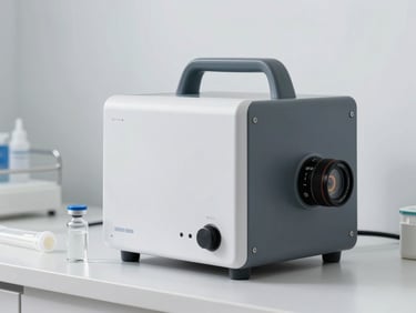 Medical ozone generator device with tubing on a clinical counter, glass vial and sterile supplies visible, cool white LED lighting, clean minimal background