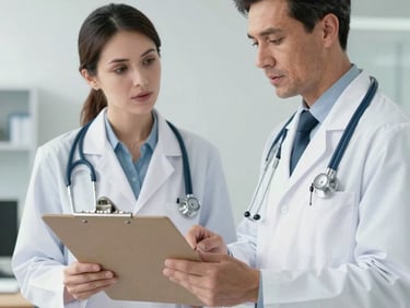 Two physicians in white lab coats standing side by side in a bright modern clinic consultation room, reviewing a document together at a desk, natural window light from the left, clean white walls, calm professional atmosphere, medium shot from the front