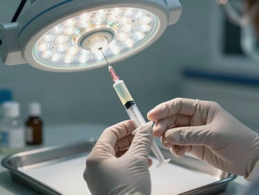 Physician's gloved hands holding a syringe with BMAc bone marrow aspirate concentrate under clinical LED lighting, sterile tray visible in background