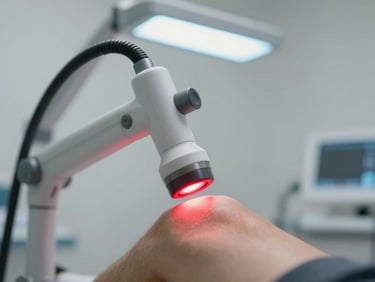 Close-up of a low-level laser photobiomodulation handpiece emitting red light over a patient's knee joint in a clinical room, clean white background, cool LED overhead