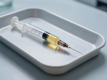 Sterile syringe with microfat or SVF stromal vascular fraction sample on a clean clinical tray, cool white LED light, minimal background
