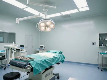 Wide environmental shot of a modern regenerative procedure room interior, sterile instrument trays laid out on left, overhead surgical light arm visible, polished floor, white and teal color scheme under cool daylight, no people present, generous negative space at the top of the frame