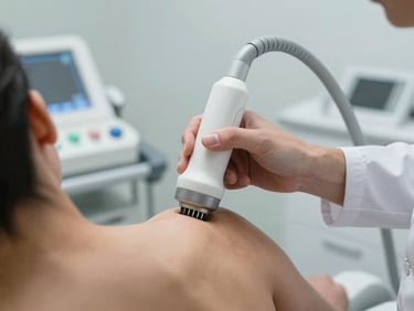 Shockwave therapy device applicator pressed against a patient's shoulder in a modern clinic room, physician's hand guiding the probe, clinical white environment, cool light