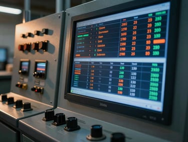 Close-up of a modern logistics control panel displaying real-time cargo tracking data, sharp details, cinematic industrial photography, dramatic blue and orange lighting.